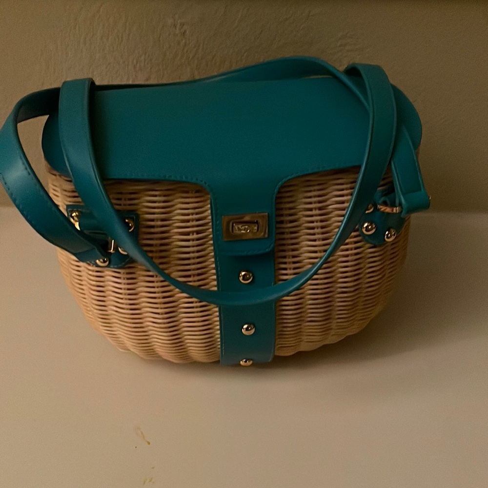 Vtg Etienne Aigner Wicker Rattan Basket Hand Bag Purse Teal Blue Leather